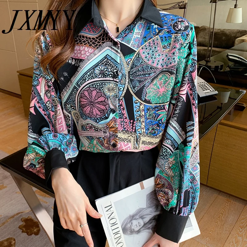 

JXMYY 2022 Lantern Sleeve Floral Chiffon Shirt Ladies 2022 Spring New Fashion Temperament Long-Sleeved Western-Style Blouse