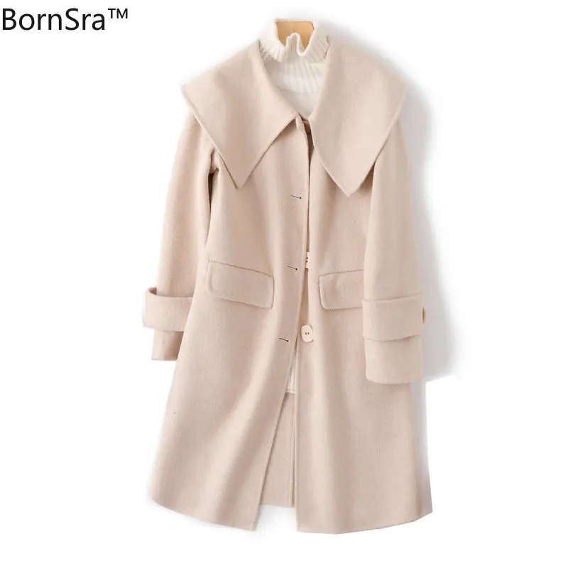 

BornSra Double Sided Cashmere Coat Medium Length 2020 New Style Winter Woolen Coat Female Sailor Collar coat