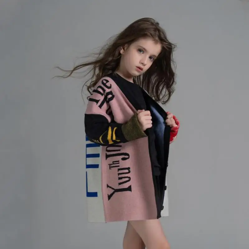 

Children Cardigan Knit Sweaters Baby Girls Long Sleeve Letter Print Pullover 100% Soft Cotton Autumn Winter Warm Knitted Coats