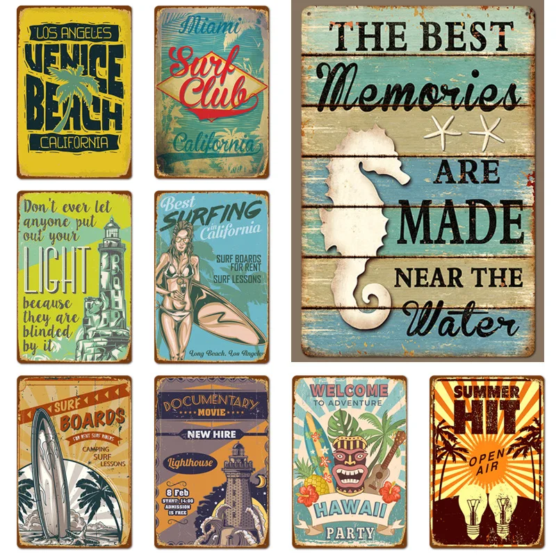 

Summer Beach Surfing Metal Sign Plate Poster Surf Club Tin Sign Cafe Restaurant Retro Plaques Seaside Shabby Iron Paintings