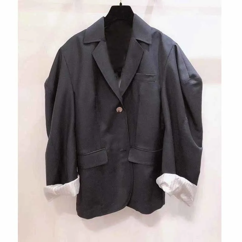 

Cosmicchic 2021 Early Autumn Women Blazer Dark Blue Suit Jacket Single Breasted Loose Wool Jacket Top Jacket Runway Designer