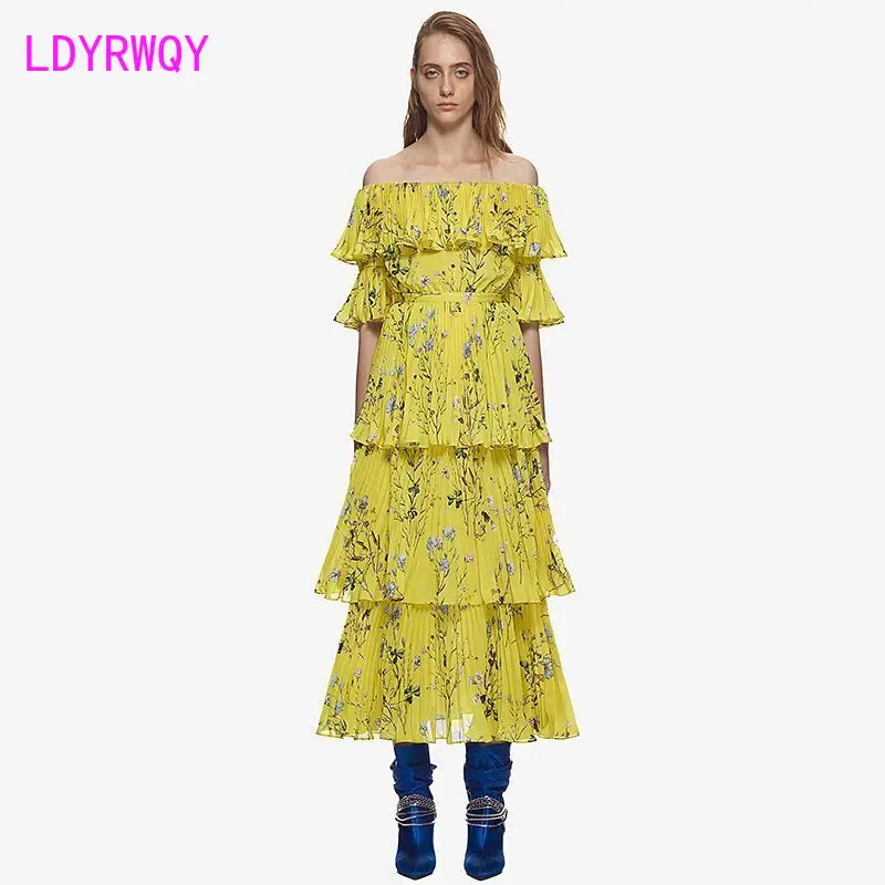 

[LDYRWQY] New Women's Yellow Print Off-Shoulder Pleated Long Pleated Dress Sheath Office Lady Polyester