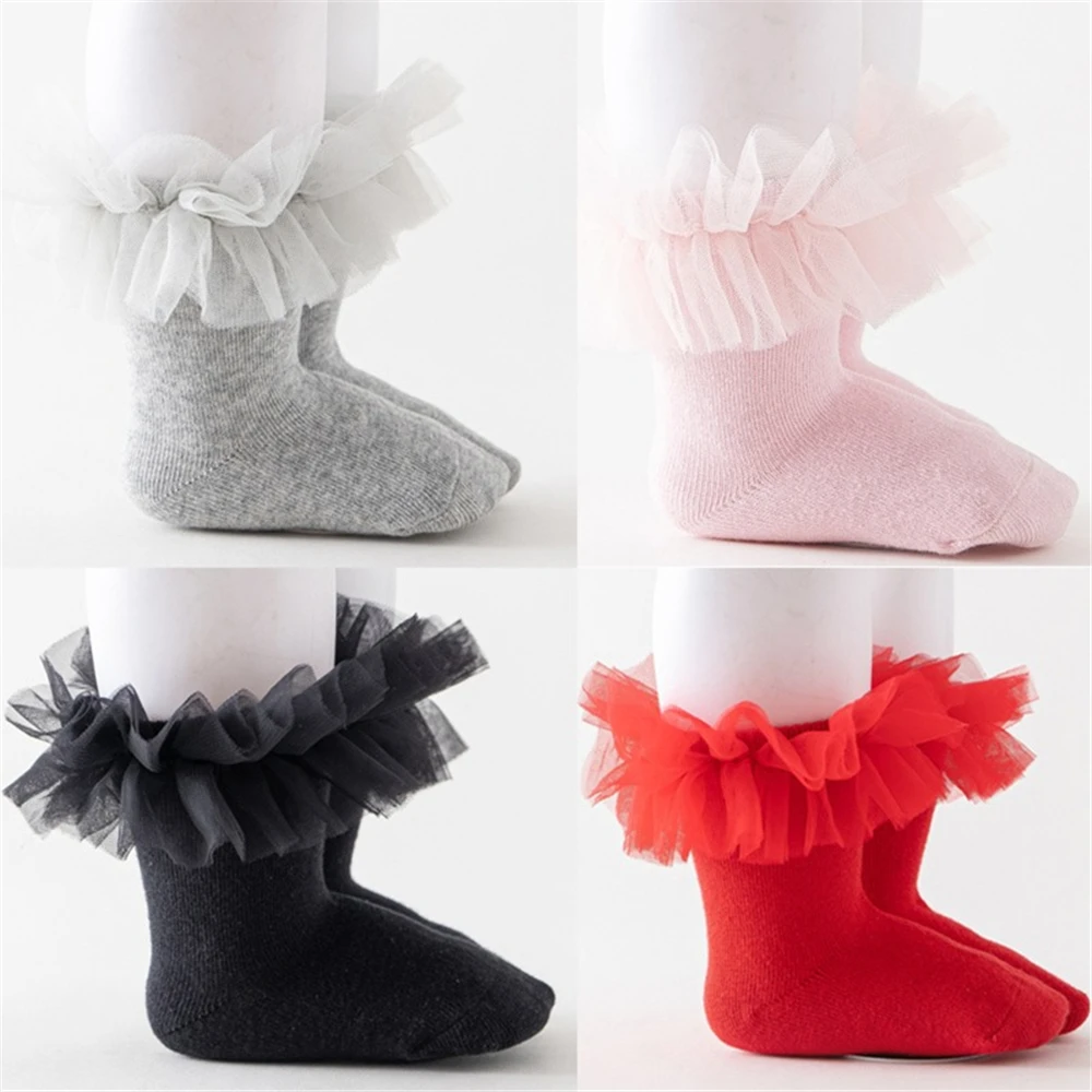 

Baby Girls Socks With Tie Lace Ruffle Princess Cotton Sock with Ribbons Multi Colors Gray Red Black Pink White Princes Socks