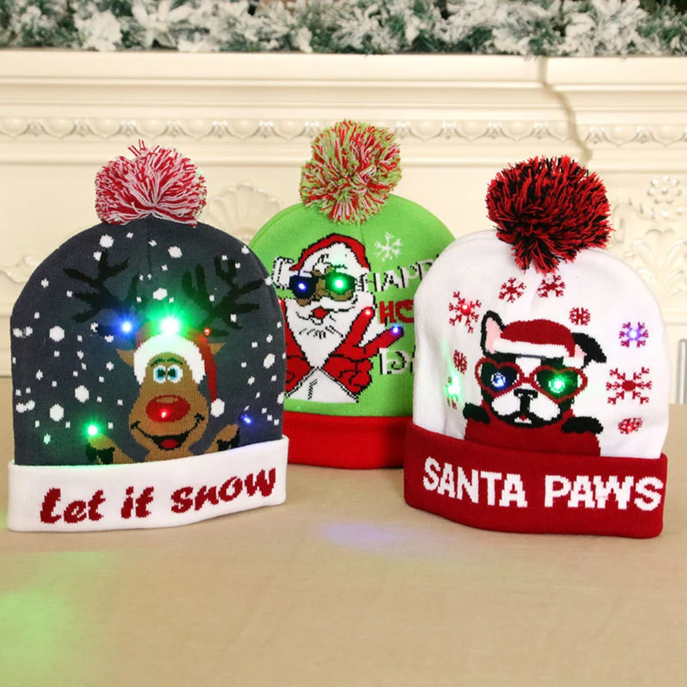 

Christmas Hats Sweater Santa Elk Knitted Beanie Hat With LED Light Up Cartoon Christmas Gift For Kids New Year Supplies