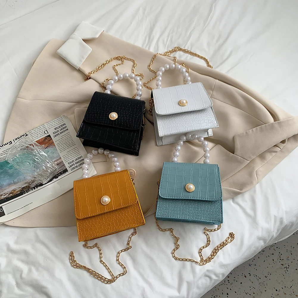 

Fashion Women PU Alligator Pattern Shoulder Bag Pearl Chain Small Handbags Crocodile Pattern Mini Universal Handbag Messenger a