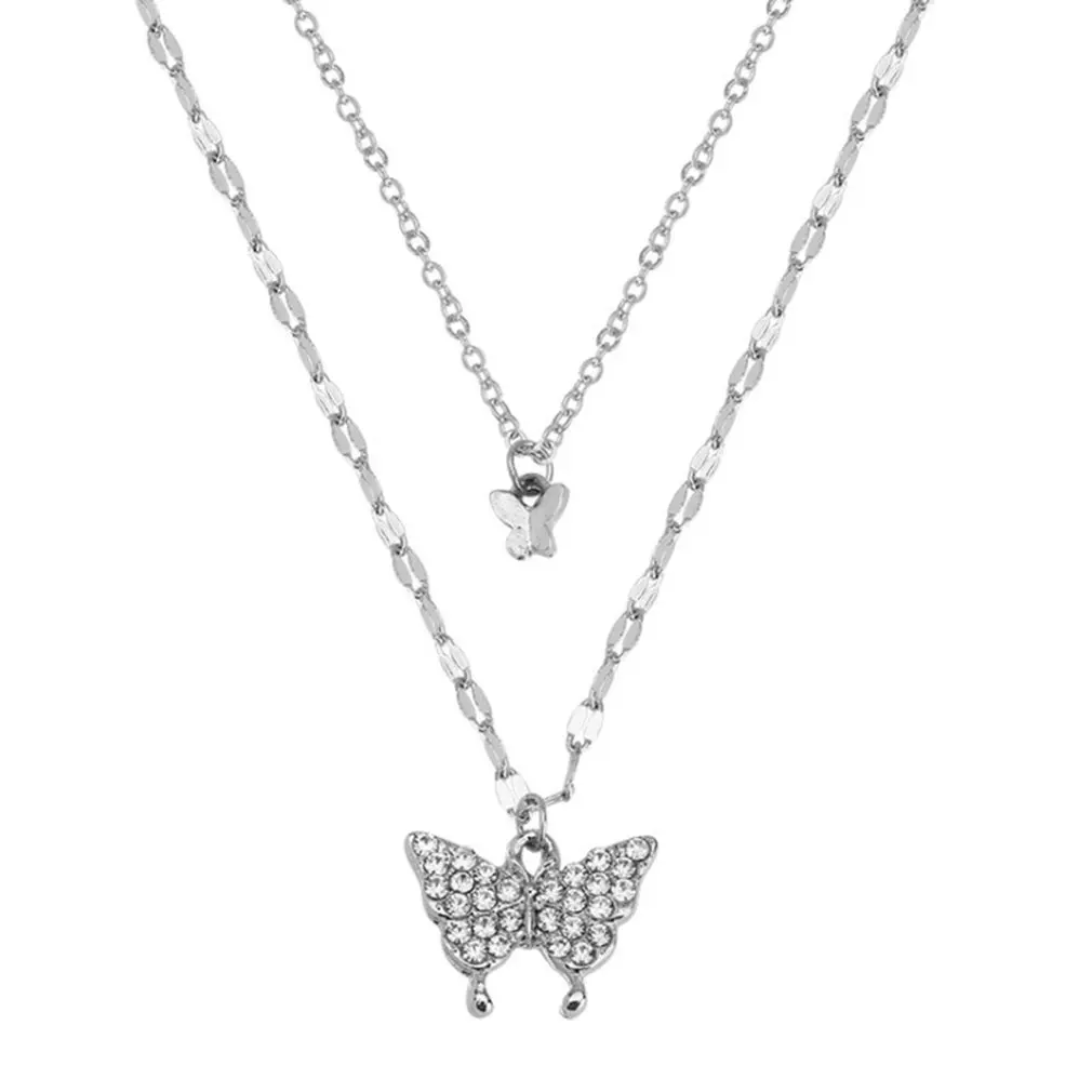

New 925 Sterling Silver Flash Diamond Butterfly Double Necklace For Women Simple Design Crystal Elegant Wedding Jewelry Gifts