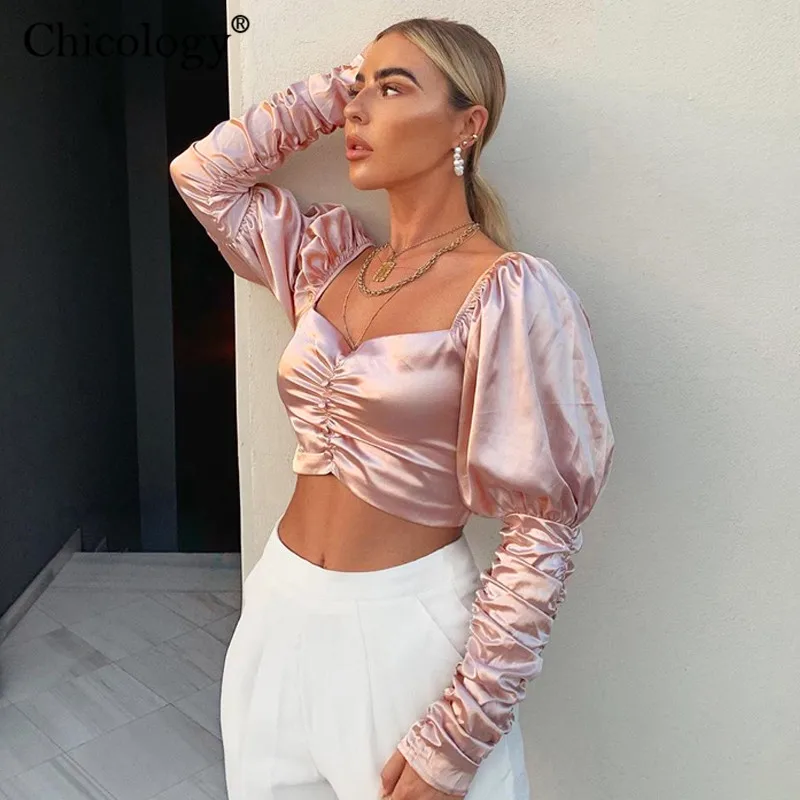 Chicology офисное офисные офис леди блузка пышным длинным рукавом Лонгслив женское кроп Топ на осень-зиму ЖЕНСКИЕ НАРЯДНЫЕ элегантное Сексуальные вечерние повседневная одежда