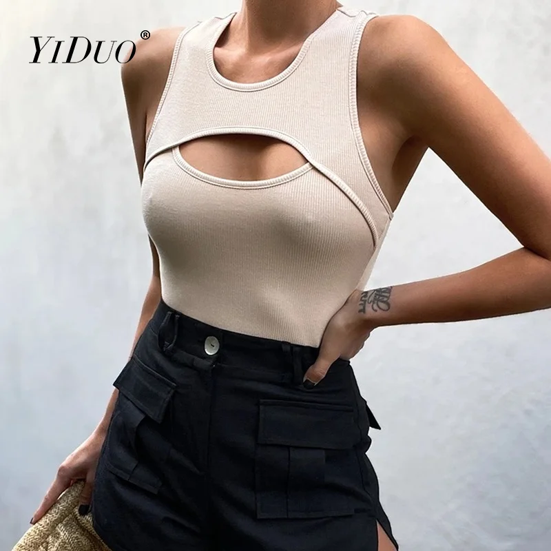 

YiDuo 2022 Sleeveless Spring Sexy Bodysuit Women O-Neck Cut Out White Basic Body Top Fashion Streetwear Bodysuits Black Jumpsuit