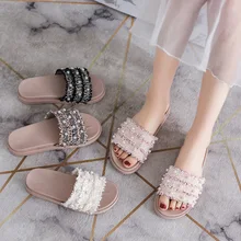 Nouvelles sandales d'été pour femmes, chaussures à plate forme en perles, pantoufles à bout ouvert, chaussures de plage à la mode, pantoufles plates pour femmes, sandales confortables  (4)