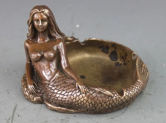 --- 430 + китайская Бронзовая медная статуя резьба Русалка пепельница скульптура |