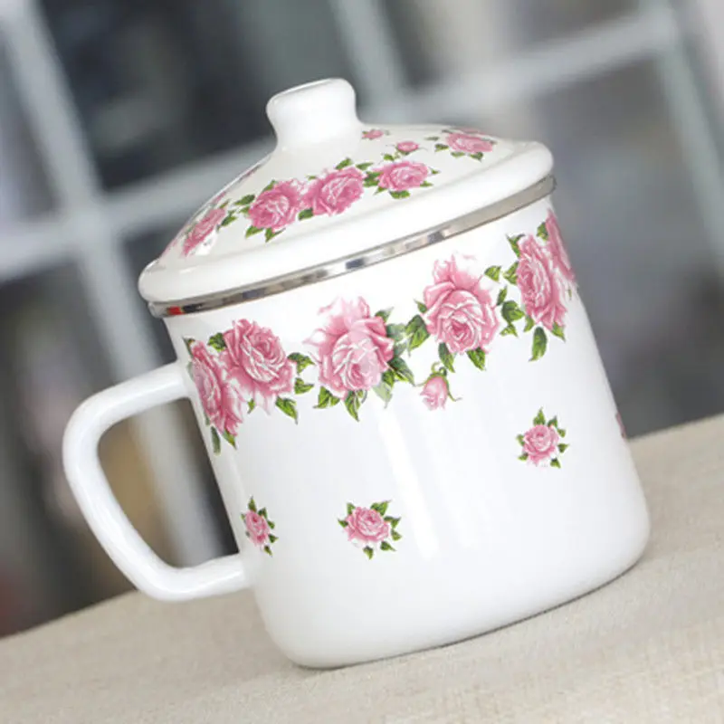 Large Capacity Enamel Water Cup Retro Classic Thickened Cylinder with Lid Vintage Iron Tea Mug Coffee | Дом и сад
