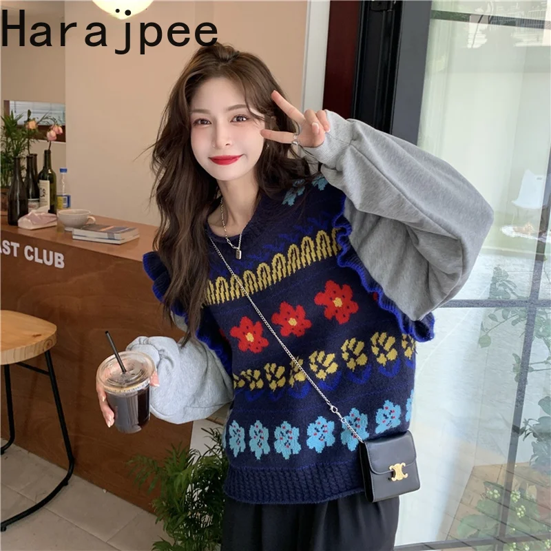 

Пуловер в стиле харадзпи, свитер, Женский жаккардовый свитер с имитацией двух частей, свободная одежда, вязаный Топ в японском стиле ретро д...