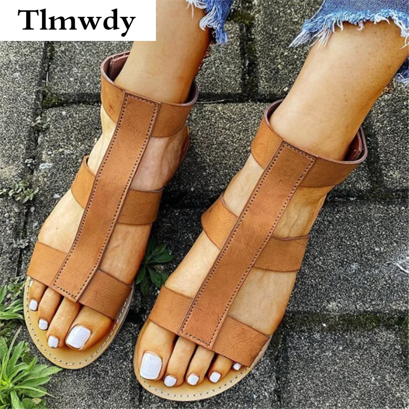 

Сандалии женские в стиле ретро, плоская подошва, липучка, круглый носок, открытый носок, уличная пляжная обувь, большие размеры, лето 2021