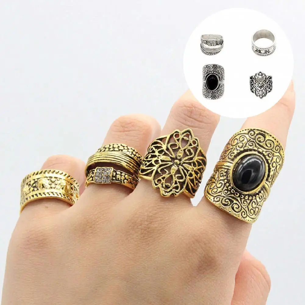 

4Pcs/Set Unisex Rings Unique Alloy Decorative Carved Pattern Finger Rings for Bar Finger Bands Finger Rings