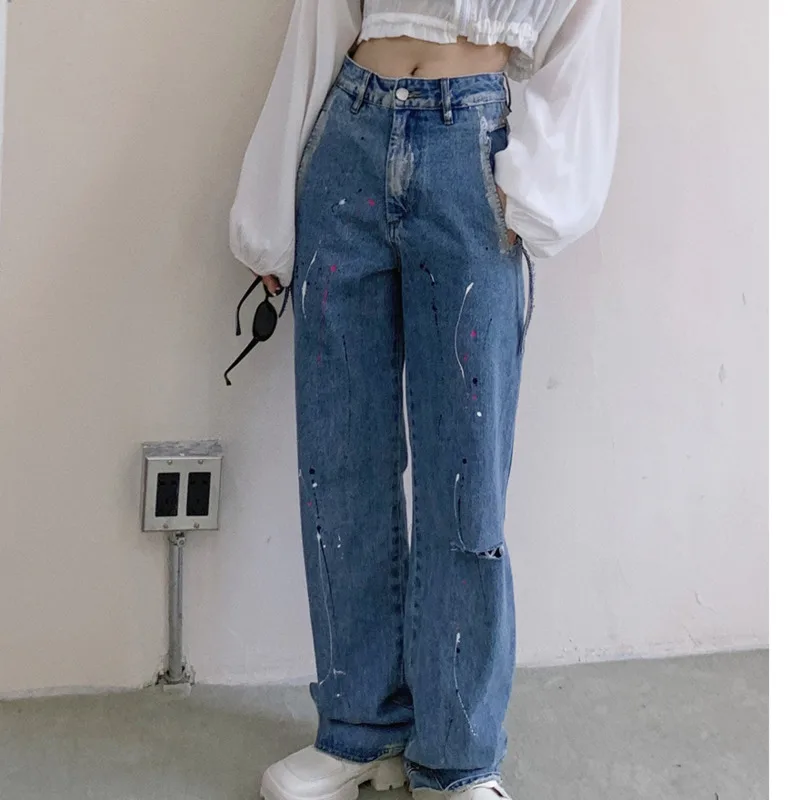 

Streetwear Jeans Woman High Waist Splash-Ink Blue Printed Ripped Jeans For Women Straight Leg Pants Y2k Korean Fashion C365