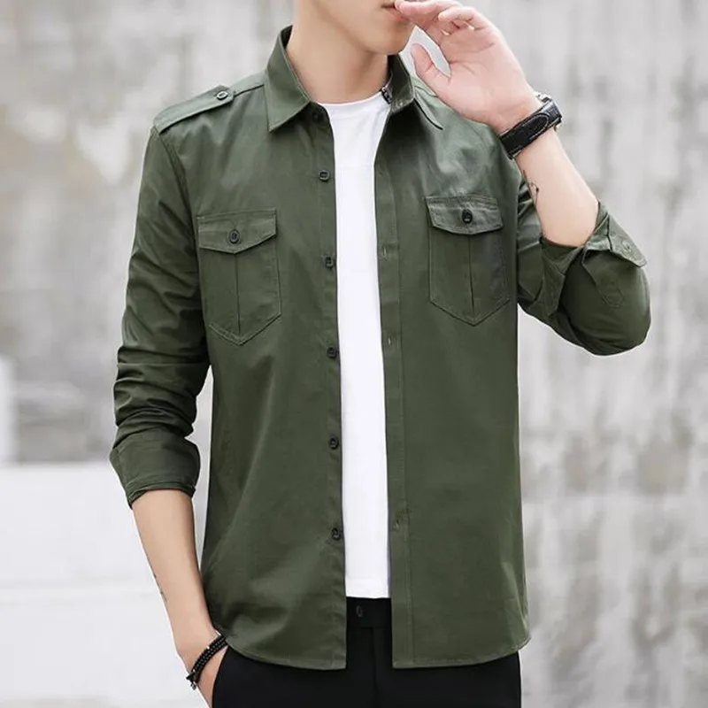 Мужская рубашка в стиле милитари мужская приталенная с длинным рукавом camisa masculina