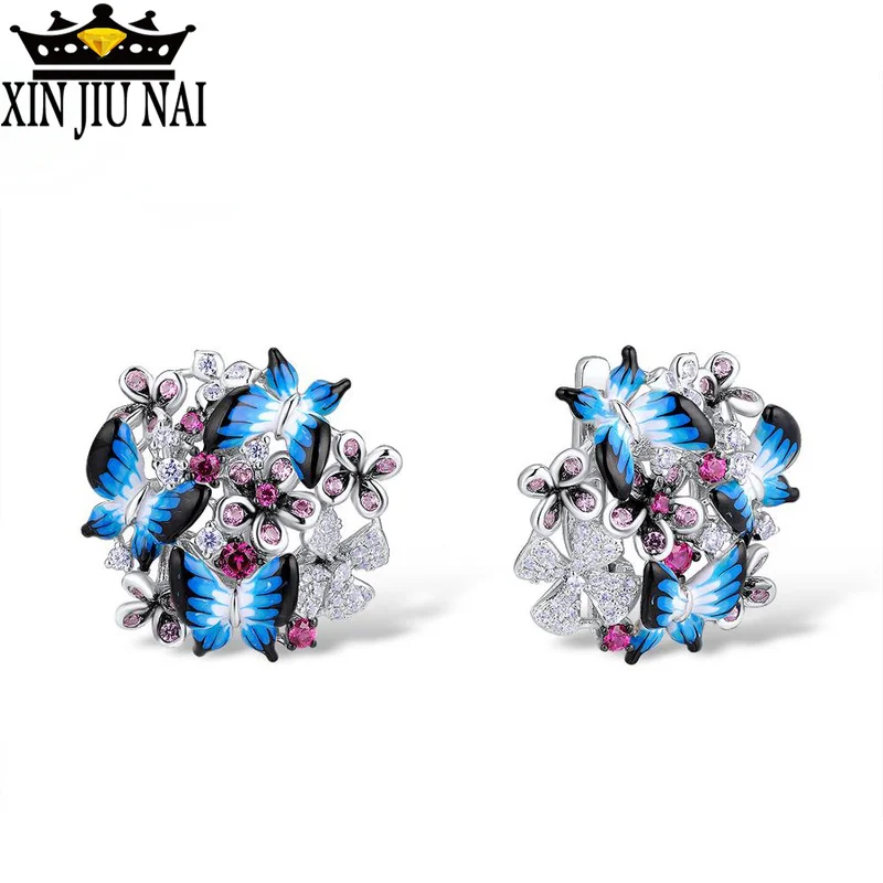 

Retro Blue Butterfly Ruby inlay earrings charming shiny cubic zirconia fashion enamel female jewelry gift high quality zircon