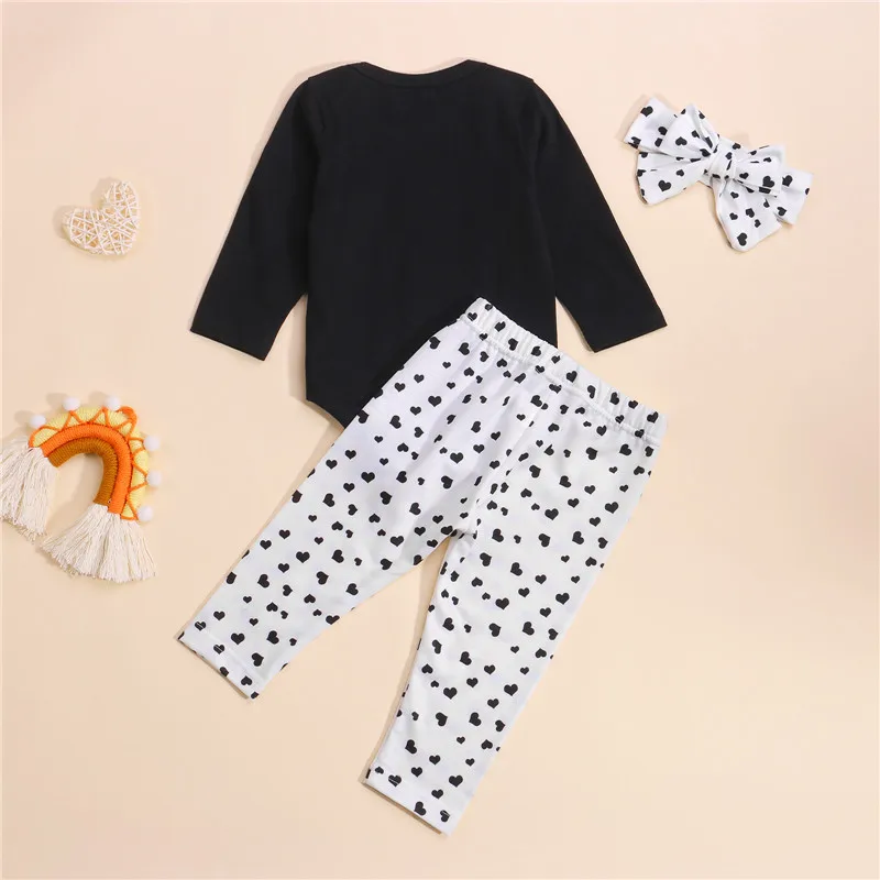 

Baby Girls 3Pcs Fall Outfits Long Sleeve Letter Romper + Heart Pants + Headband Set