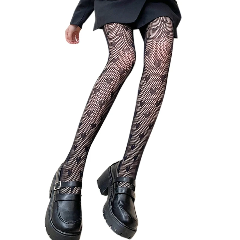 

Japanese Style Women Sexy Lace Pantyhose Sweet Love Heart Pattern Jacquard Tights Gothic Punk Lolita Hollow Out Fishnet