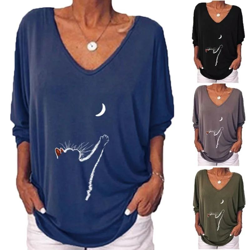 

Plus Size Women Cat Printed V-Neck Shirt Long Sleeve Casual Blouse Sping Top Tee