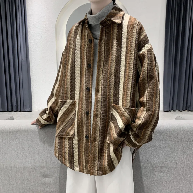 

Мужская твидовая куртка в Вертикальную Полоску, свободная молодежная ветровка средней длины в японском стиле, новинка зимы 2021