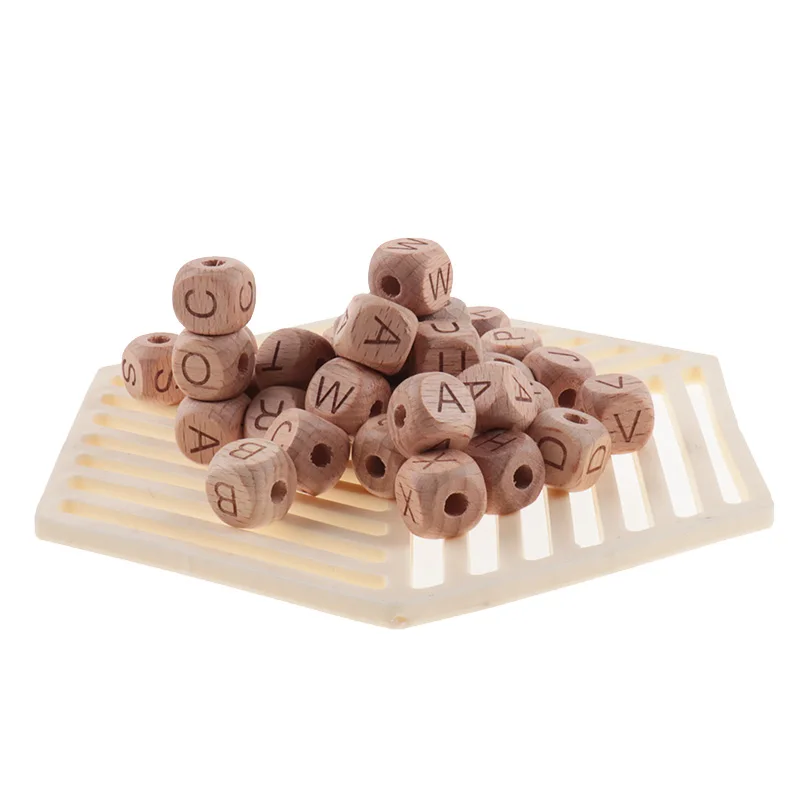Cuentas de madera de haya para ni&ntilde;os, abalorios de 12MM con letras para morder, manualidades, juguetes de dentici&oacute;n, alfabeto, 200 piezas-4