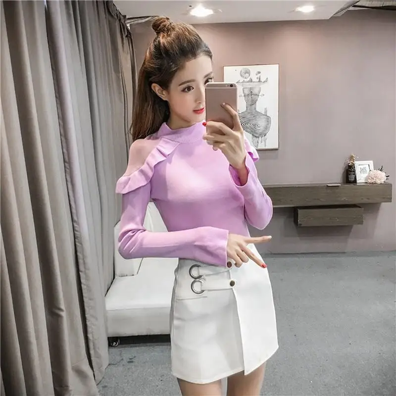 2019 Women Casual Solid Mesh Sweater Elasticity Long Sleeve Ruffles Slim Turtleneck Knitted Pullovers Jumper | Женская одежда