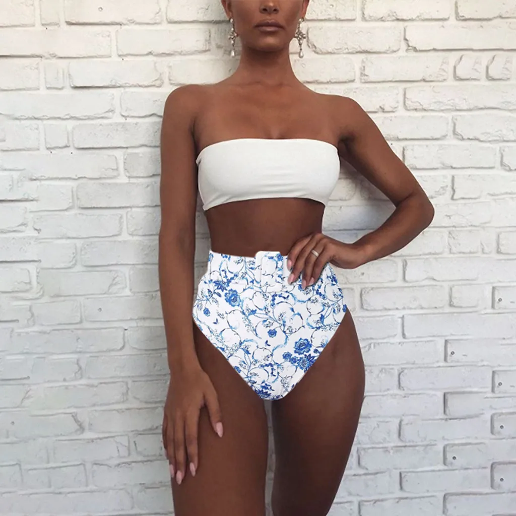 Женский купальник без бретелек пуш ап с высокой талией и принтом бандо короткий