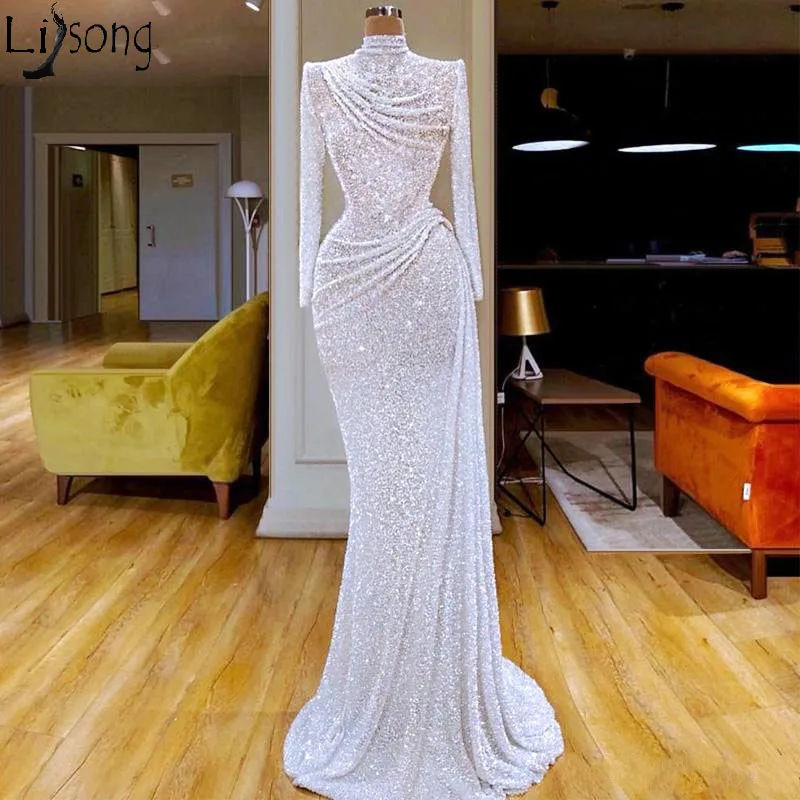 

Hot Sale Sequins Mermaid Evening Dress Long Sleeve High Neck Glittering Formal Prom Dresses 2020 Pleated Sequined Robe de soiree