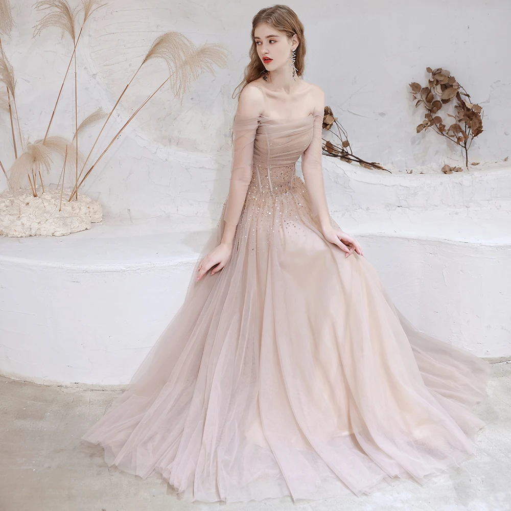 formal evening gowns Gorgeous Evening Dresses 2021 Nude Pink Sexy Off Shoulder Beaded Beading Sequined Long Sleeve Formal Gown formal evening gowns