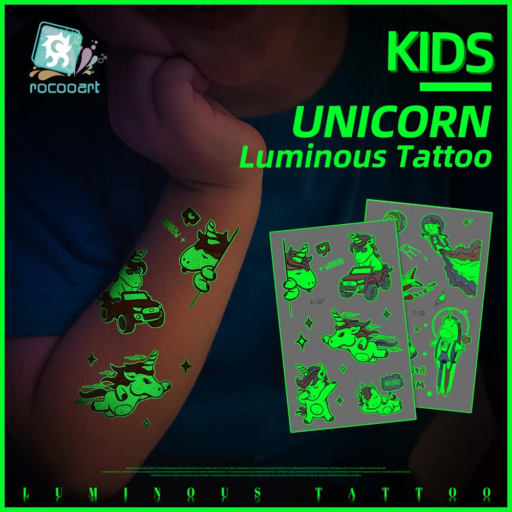 

Glowing in Dark Temporary Tattoos Sticker for Children Body Art Tattoo Sticker Luminous Unicorn Tattoo Waterproof Kids Gift