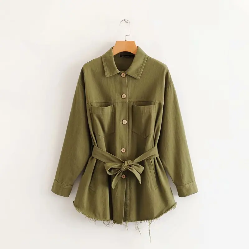 Осенняя джинсовая куртка с поясом Женская однотонная Повседневная Свободная