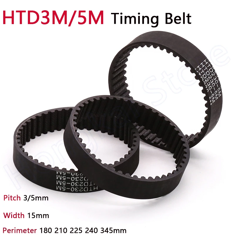 

HTD3M/5M Timing Belt Width 15mm Pitch 3/5mm Closed Loop Rubber Transmission Drive Belts Perimeter 180 210 225 240 345mm