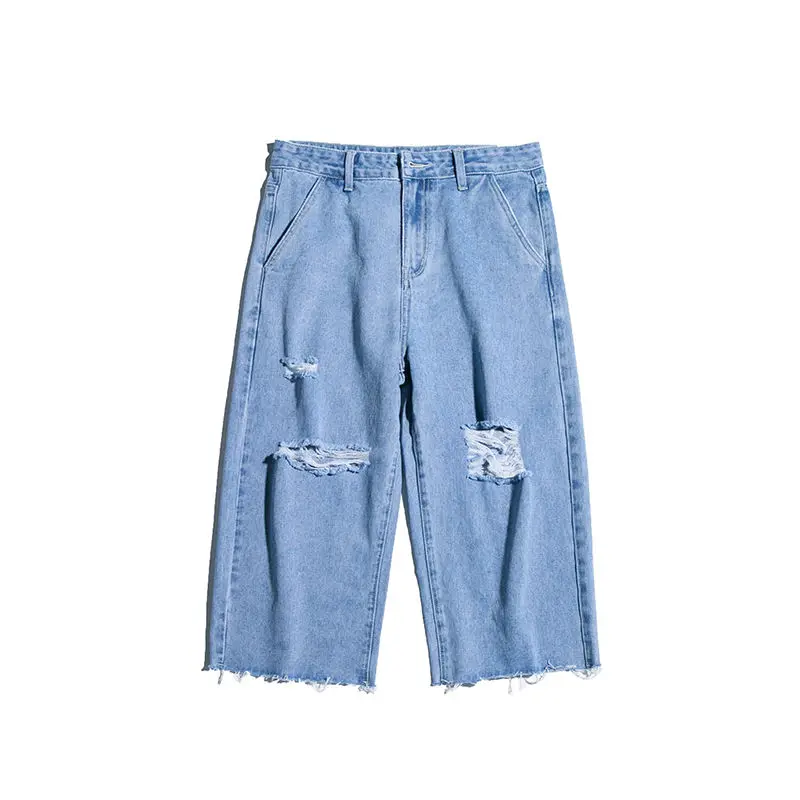 

2020 Summer New Youth Popular Loose Solid Color Hole Seven Points Jeans Fashion Casual Wild Men's Straight Pants S-2XL