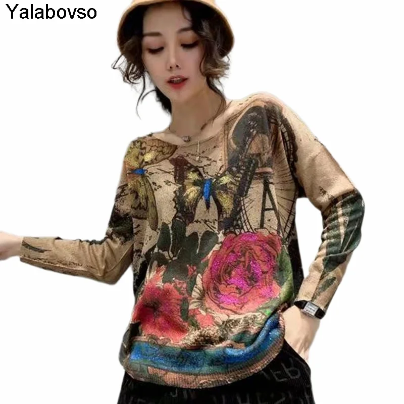 

Retro Color Printing Pullover Long-sleeved Casual Loose Round Neck Sweater For Ladies Women's Autumn And Winter New Style Coat