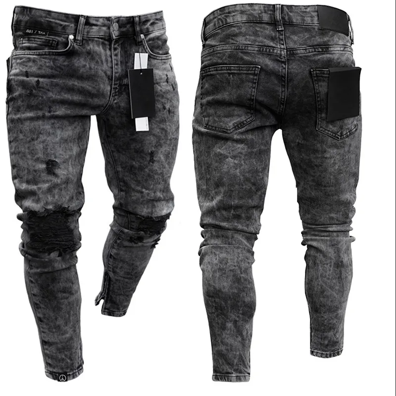 Джинсы мужские потертые стрейчевые, байкерские рваные джинсы в стиле хип-хоп, облегающие джинсы в стиле панк, однотонные брюки из денима на ...