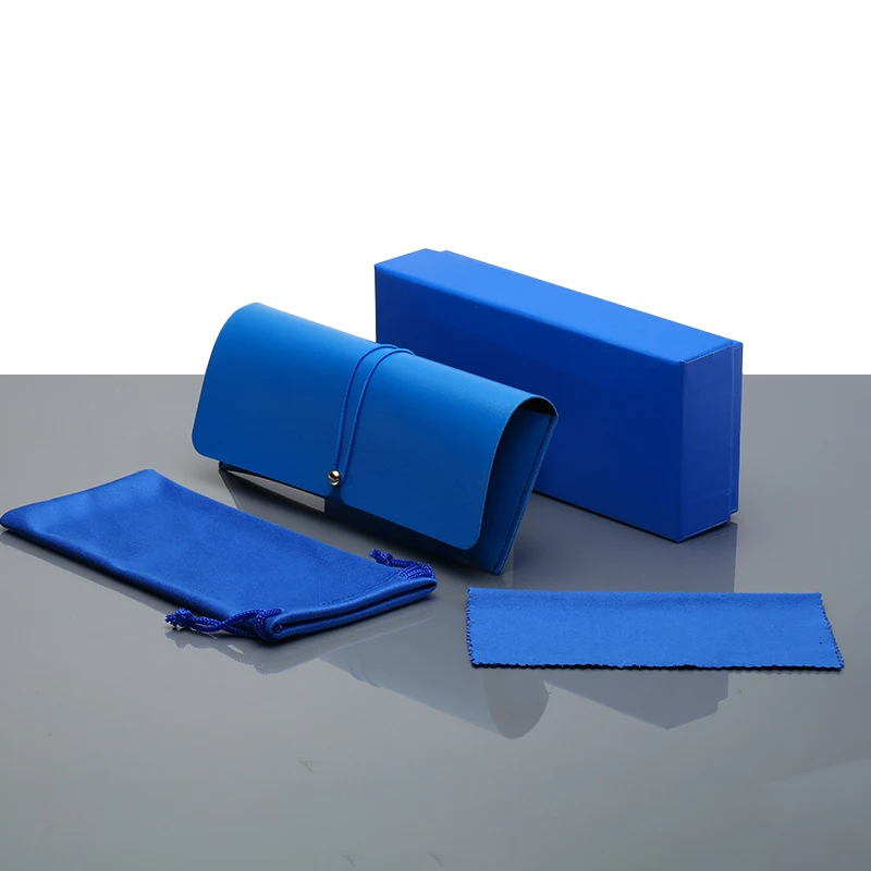 Blue Полиуретановая коробка для очков, цветные солнцезащитные очки, чехол с эластичной пряжкой, Чехол для очков, ткань для чистки, 4 шт. в комплекте, клатч, кошелек, подарочная коробка - Цвет: Blue