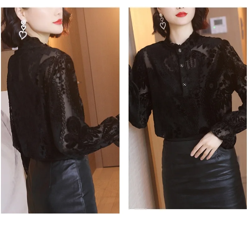 Перспективная кружевная женская блузка с узором 2020 рубашка длинным рукавом Blusas