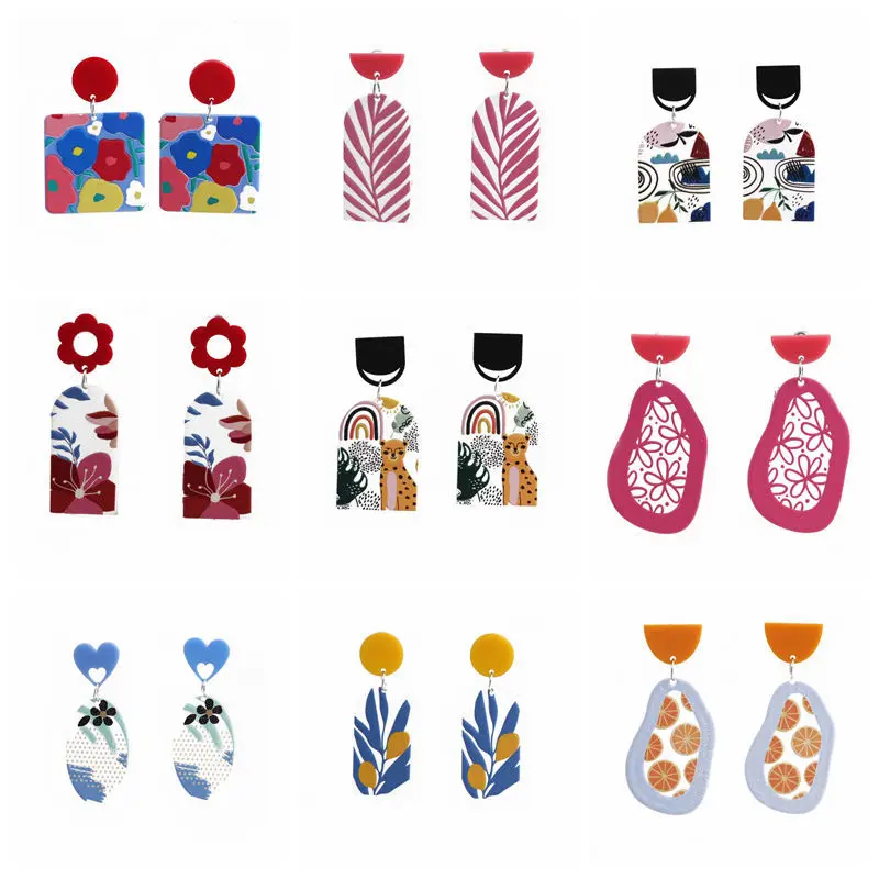 

1Pairs Holiday Style 3D Printing Oil Painting Style Earrings Acrylic Spring Color Cute Sweet INS Earrings Net Red