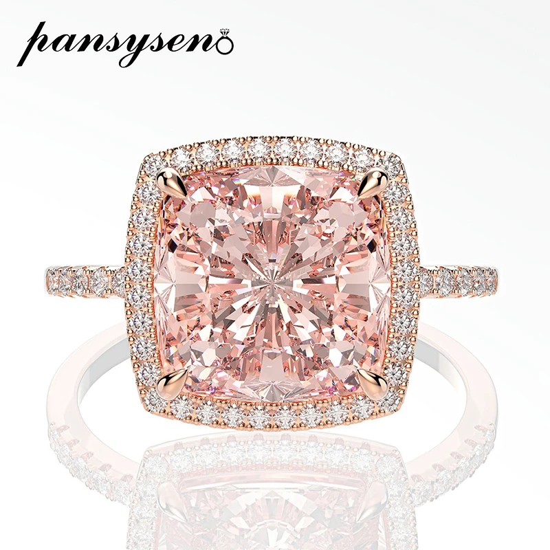 PANSYSEN 10 мм квадратный морганитом Gemstone кольца для женщин Твердые 925 стерлингового