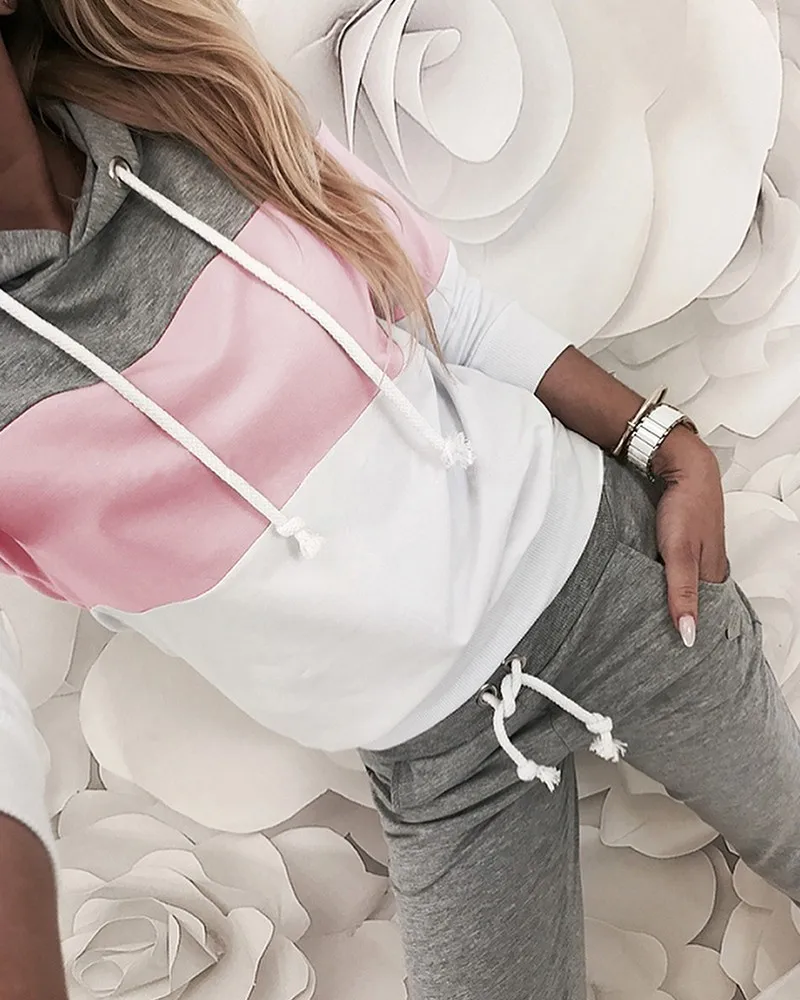 

2 Piece Tracksuits Drawstring Design Colorblock Hooded Top & Slinky Pant Sets Women 2 Piece Outfits