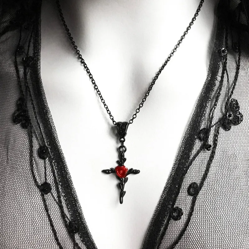 

Black Rose Cross Charm Necklace, Gothic Victorian Pendant, Alternative Jewelry, Handmade Necklace, Gothic Jewelry
