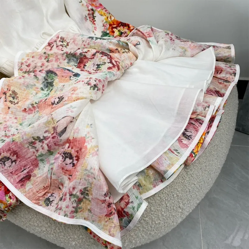 

2021 New Summer Women Fashion White Long Sleeve O-neck Floral Print Mini Dresses High Quality Linen