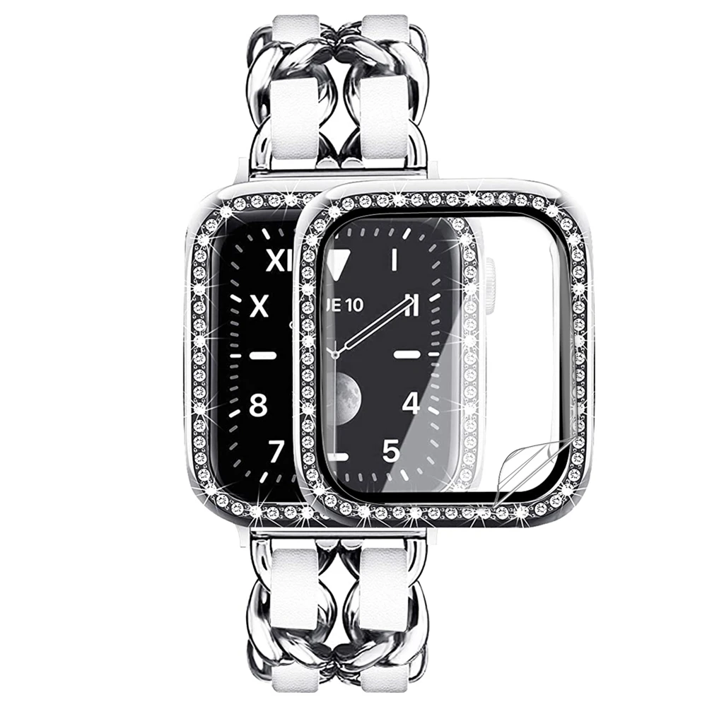 

screen protector for apple watch case series 6 5 4 se 40mm 44mm band for iwatch strap + bling Diamonds case + soft film Bumper