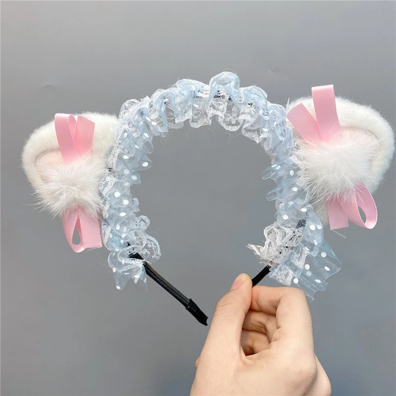 Повязка на голову с кошачьими ушками Милая Кружевная лента бантом обруч для