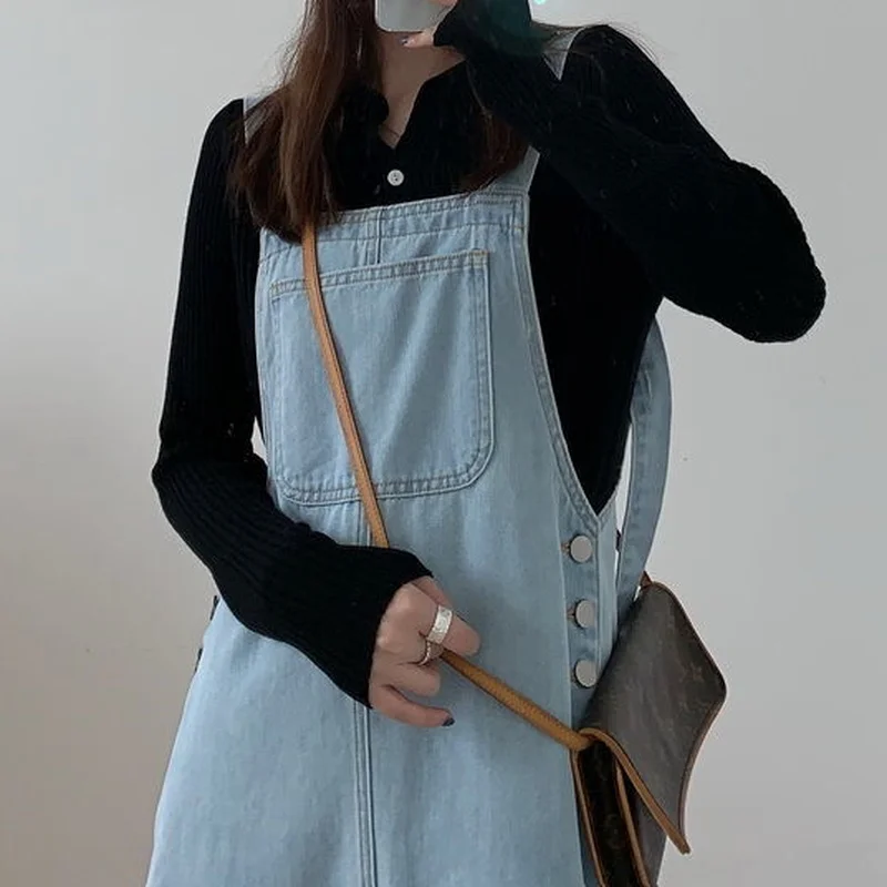 

Dresses Women Mid-calf Summer Vintage A-line Button Streetwear Denim Loose Spaghetti Straps Casual Students Solid Color Harajuku