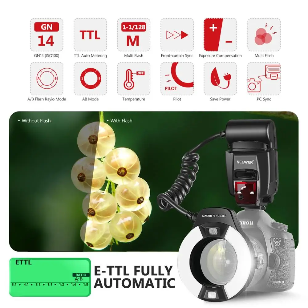 Макрокольцо Neewer TTL Flash светильник AF вспомогательная лампа для Canon E TTL/TTL EOS5D