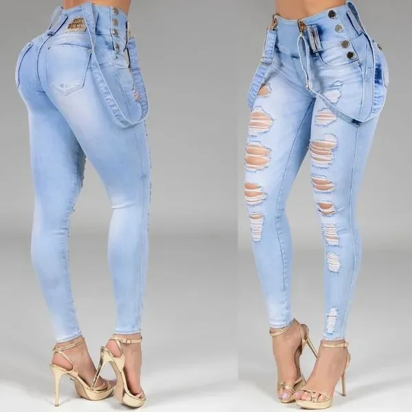 

Women Jeans High Waisted Straight Skinny Stretchy Pant Streetwear Ladies Hole Washed Bandage Denim Pencil Pants Trousers 2021