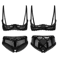 s 4xl women lingerie suit see through lace 14 cup bra tops with patent leather crotchless hollow out briefs honeymoon gift
