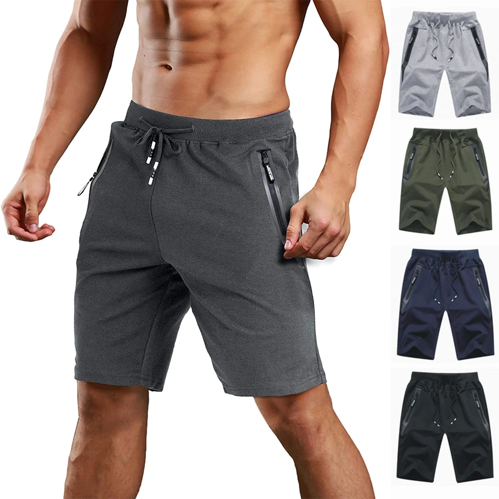 

2021 Men's Summer Running Shorts Elastic Waist Cotton Gym Shorts Mens Zip Pockets Sports Joggers Shorts Cotton Linen Breathable